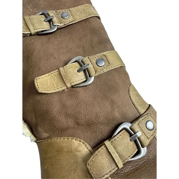 Giani Bini Knee Length Riding Boots 11M Tan Faux Fur Lining Buckle Heel Pull On - Picture 5 of 11